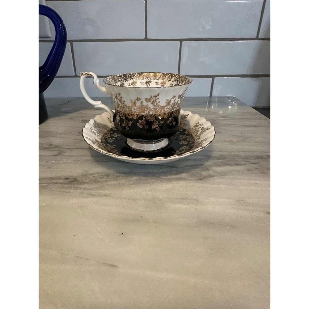 ROYAL ALBERT “Regal Series” Black White & Gold Bone China Footed Cup And Saucer
